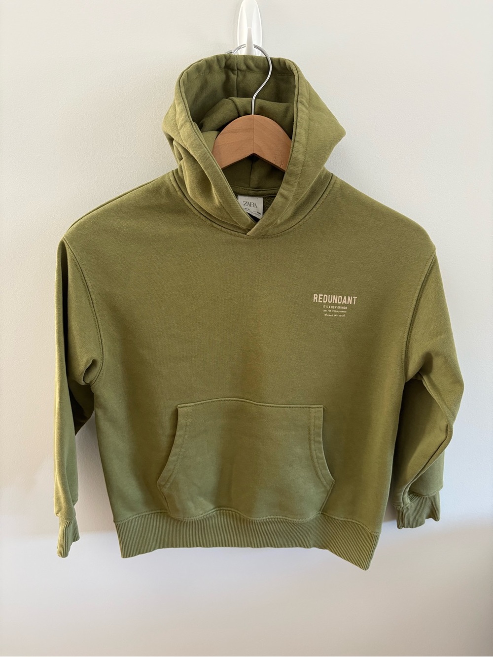 Zara Kids Olive Green Hoodie with 'Redundant' Chest Print